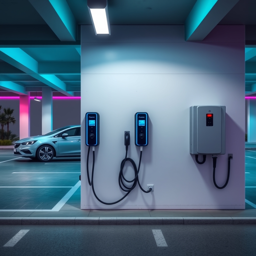 Commercial EV charging stations and solar PV inverter installed in a UAE business car park