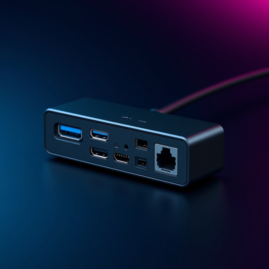 Close-up of a USB-C docking station showing multiple connectivity ports including HDMI, LAN and USB