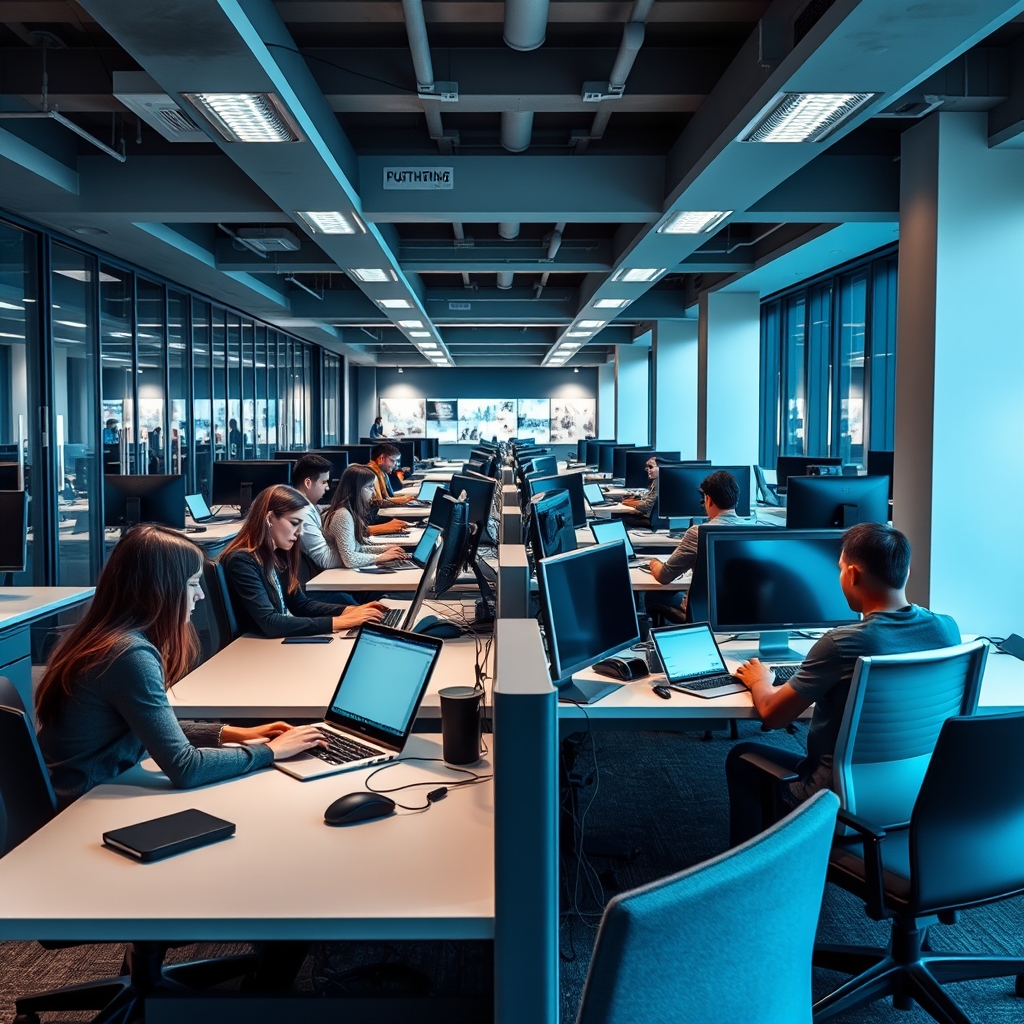 Employees using docking stations at hot desks in a modern UAE office