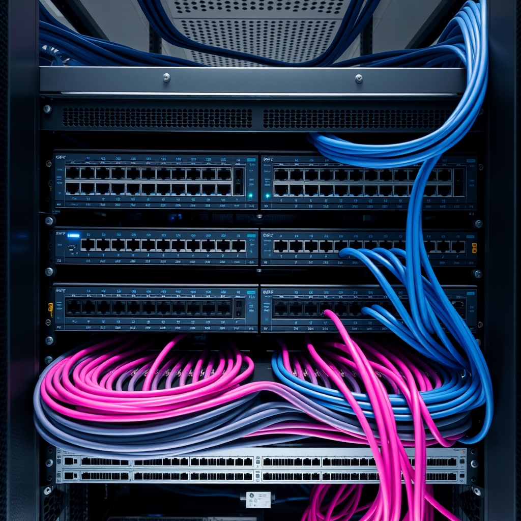 Enterprise network rack with PoE switches and structured cabling representing the infrastructure requirements for a Wi-Fi upgrade